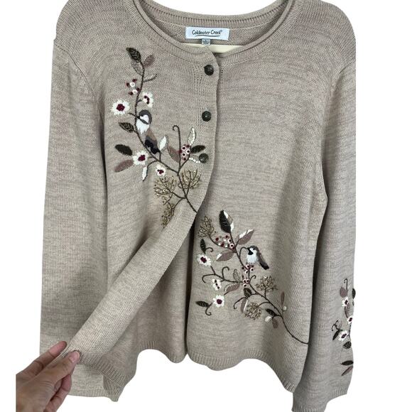 Coldwater Creek Embroidered Button Front Cardigan Sweater Beige Sz Large Holiday - Picture 3 of 14
